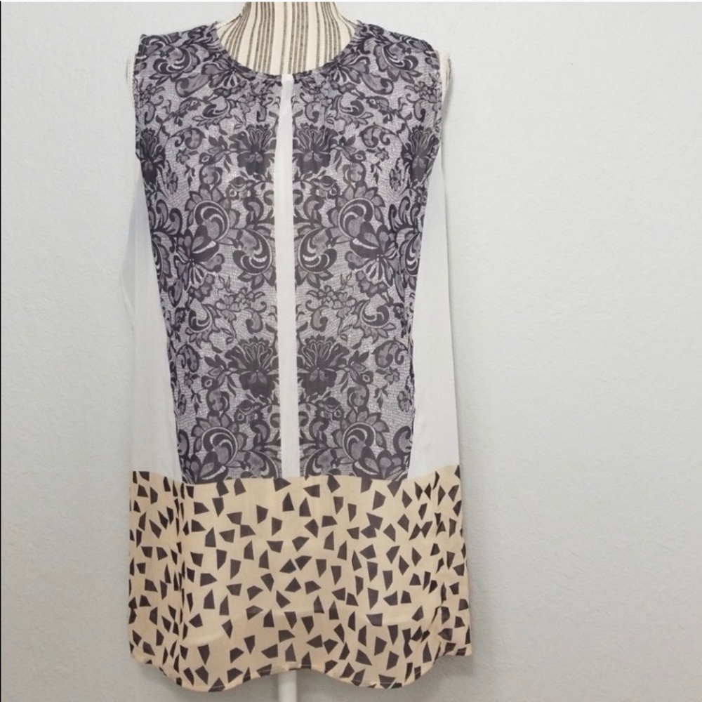 CAbi Large White Multi Pattern Sleeveless Blouse